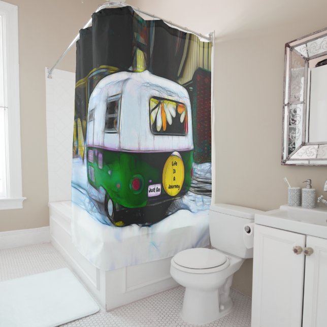 Hippie Life Is A Journey Just Go Retro Camper Shower Curtain (In Situ)