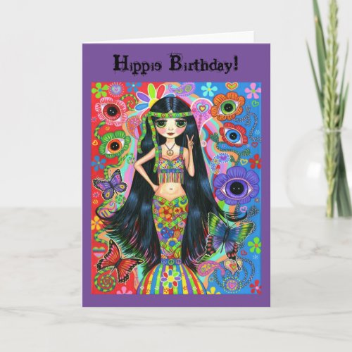 Hippie Mermaid Girl Peace Sign Psychedelic Cute Card