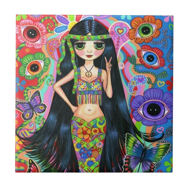 Hippie Mermaid Girl with Eye Flowers & Butterflies Ceramic Tile (Front)