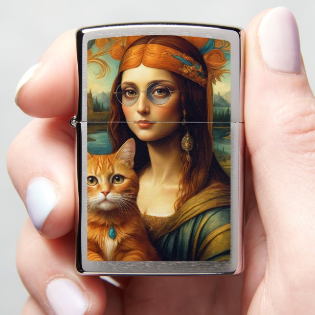 Hippie Mona Lisa and Her Ginger Cat Zippo Lighter (In Hand)
