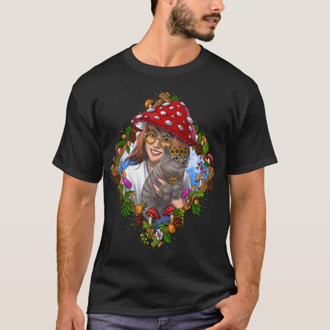 Hippie Mushroom Cat T-Shirt (Front)