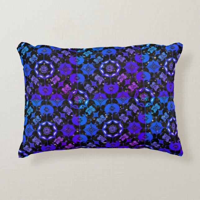 Hippie Patterned Geometric Blue Purple Black Accent Pillow (Front)