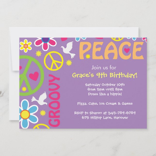 Hippie, Peace Sign, 60's theme, party invites (Front)
