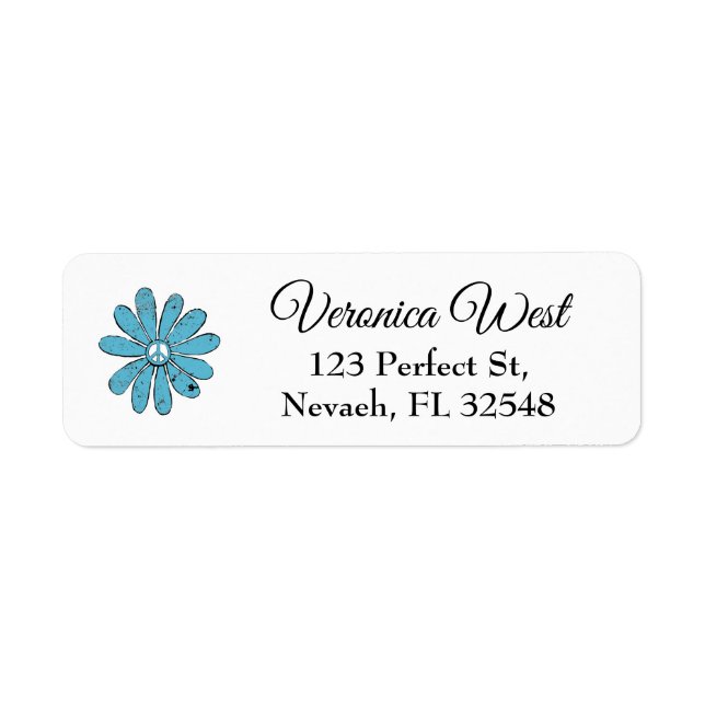 Hippie Peace Sign Flower Aqua Distressed Look Label (Front)