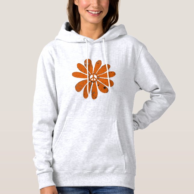 Hippie Peace Sign Flower Orange Distressed Look Hoodie (Front)