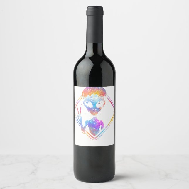 Hippie Peace Sign Outer Space Gift Alien Wine Label (Front)