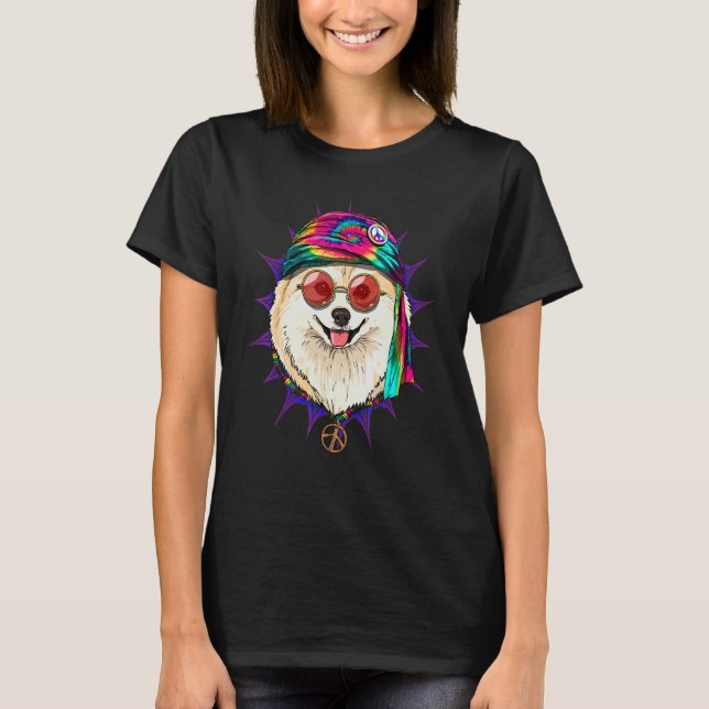 Hippie Pomeranian Tie Dye Peace Sign Psychedelic D T-Shirt (Front)