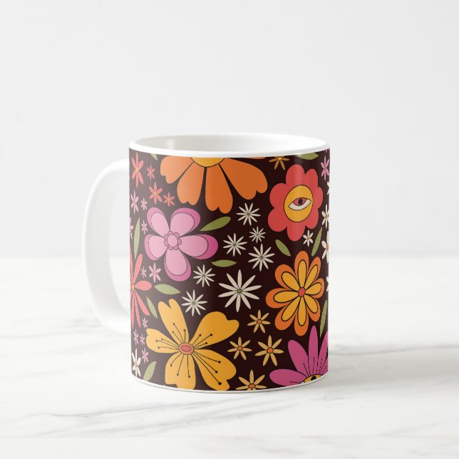 Hippie Psychedelic 70s Groovy Flowers Eye Pattern  Coffee Mug (Front Left)