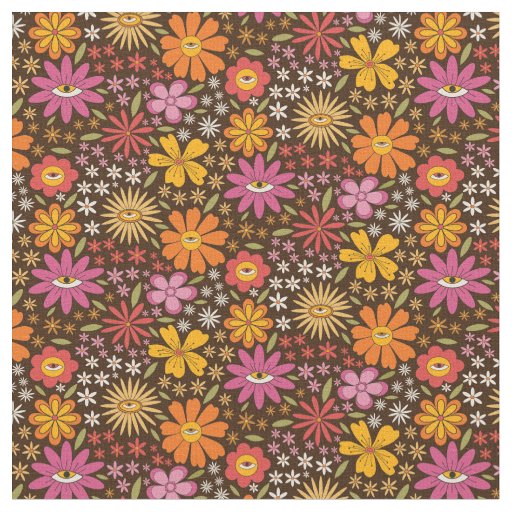 Hippie Psychedelic 70s Groovy Flowers Eye Pattern Fabric