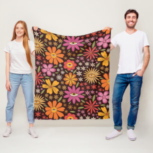 Hippie Psychedelic 70s Groovy Flowers Eye Pattern  Fleece Blanket