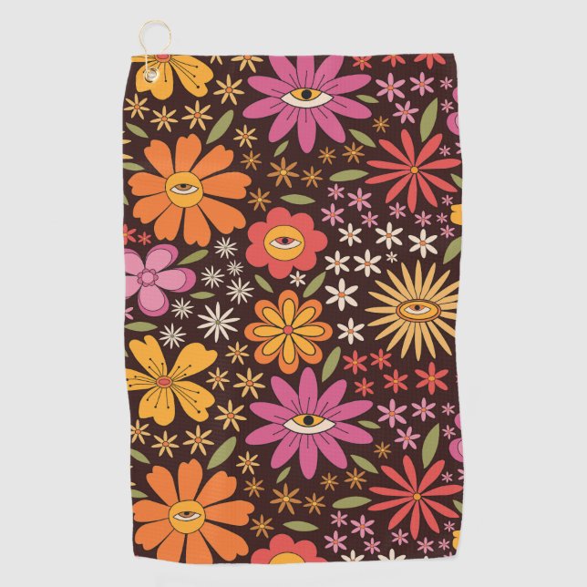 Hippie Psychedelic 70s Groovy Flowers Eye Pattern  Golf Towel (Front)