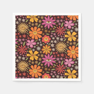 Hippie Psychedelic 70s Groovy Flowers Eye Pattern  Napkins