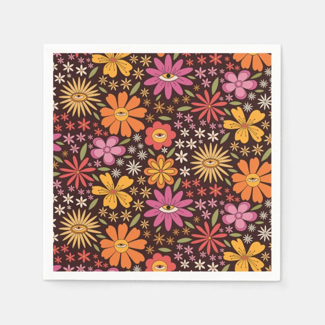 Hippie Psychedelic 70s Groovy Flowers Eye Pattern  Napkins (Front)
