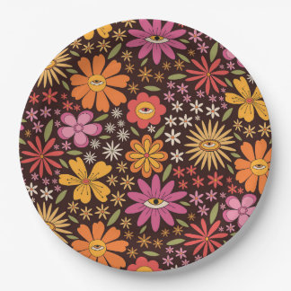 Hippie Psychedelic 70s Groovy Flowers Eye Pattern Paper Plates