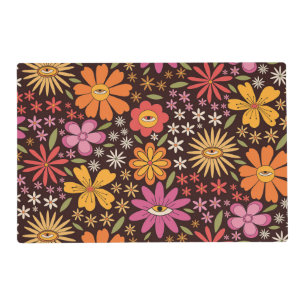 Hippie Psychedelic 70s Groovy Flowers Eye Pattern Placemat