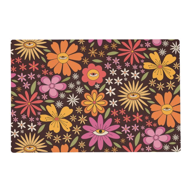 Hippie Psychedelic 70s Groovy Flowers Eye Pattern  Placemat (Front)