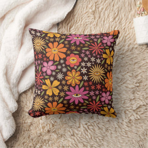 Hippie Psychedelic 70s Groovy Flowers Eye Pattern  Throw Pillow