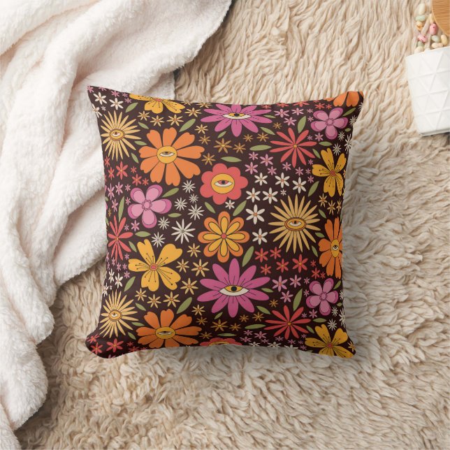 Hippie Psychedelic 70s Groovy Flowers Eye Pattern  Throw Pillow (Blanket)