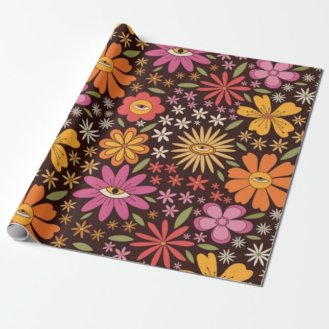 Hippie Psychedelic 70s Groovy Flowers Eye Pattern  Wrapping Paper (Unrolled)