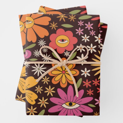 Hippie Psychedelic 70s Groovy Flowers Eye Pattern  Wrapping Paper Sheets