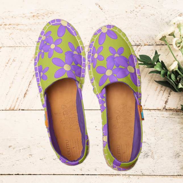 Hippie Purple Daisy Lime Green Womens Espadrilles (Perfect shoes for all hippie chicks. Bright purple and lime green)
