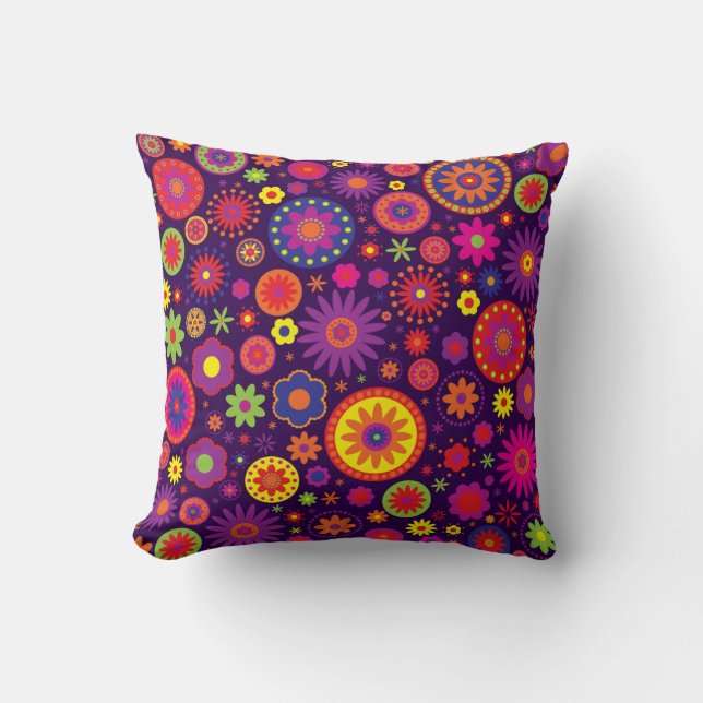 Hippie Purple Rainbow Flowers Throw Pillow (Front)