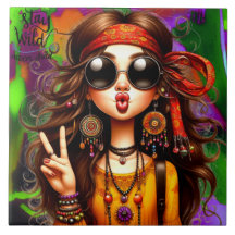 Hippie Quirky Girl Moon Child Ceramic Tile