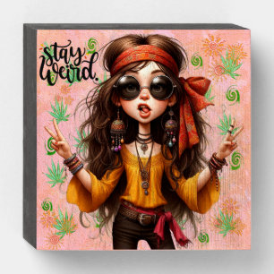 Hippie Quirky Stay Weird Wood Box Sign