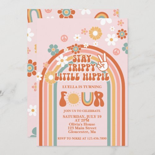 Hippie Rainbow 4th Birthday Invitation