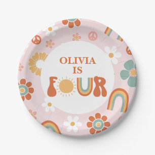 Hippie Rainbow Groovy 4th Birthday Paper Plates