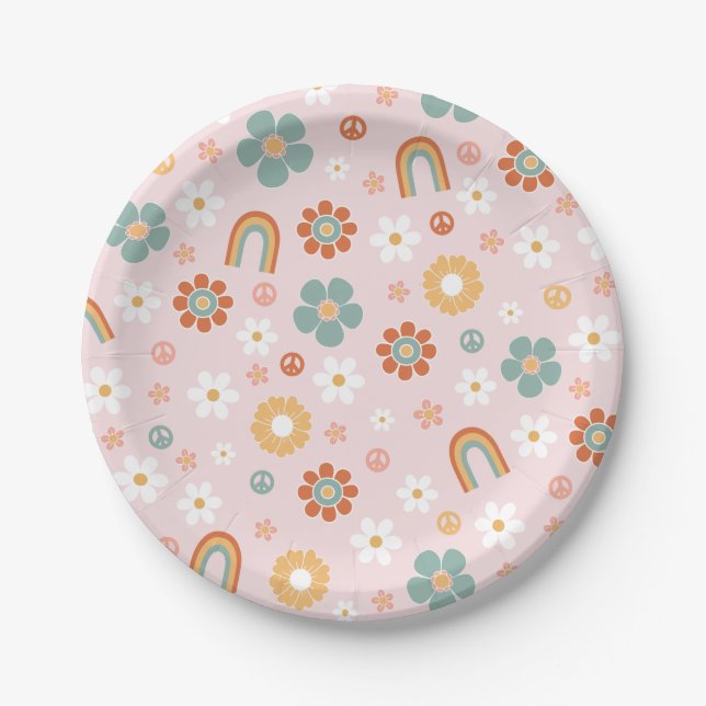 Hippie Rainbow Groovy Birthday Paper Plates (Front)