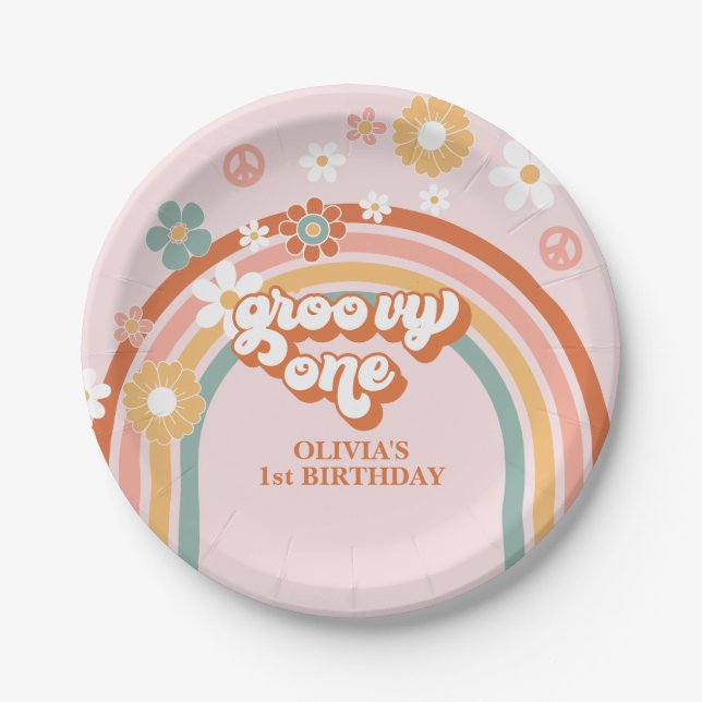 Hippie Rainbow Groovy One 1st Birthday Paper Plates (Front)