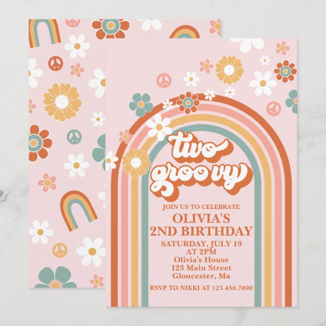 Hippie Rainbow Two Groovy 2nd Birthday Invitation (Front/Back)