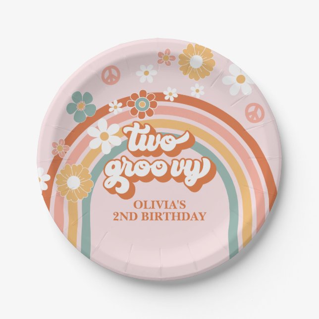Hippie Rainbow Two Groovy 2nd Birthday Paper Plates (Front)