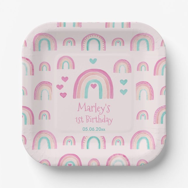 Hippie Rainbows Hearts 1st Birthday Party Paper Plates (Front)