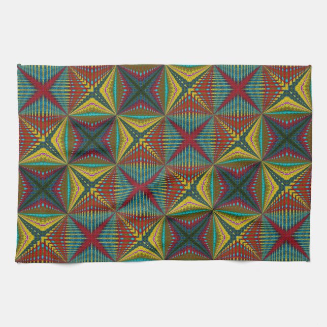  Hippie Red Blue Yellow Green Ethnic Trippy Earthy Kitchen Towel (Horizontal)