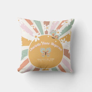 Hippie Retro 70s Sunshine Daisy Baby Birth Stats Throw Pillow