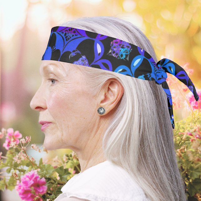 Hippie Retro Bohemian Pattern Blue Purple Black Tie Headband (A vibrant blue, purple and black headband with abstract pattern in a hippie style)