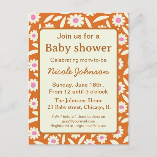 Hippie retro daisy floral baby shower   invitation postcard