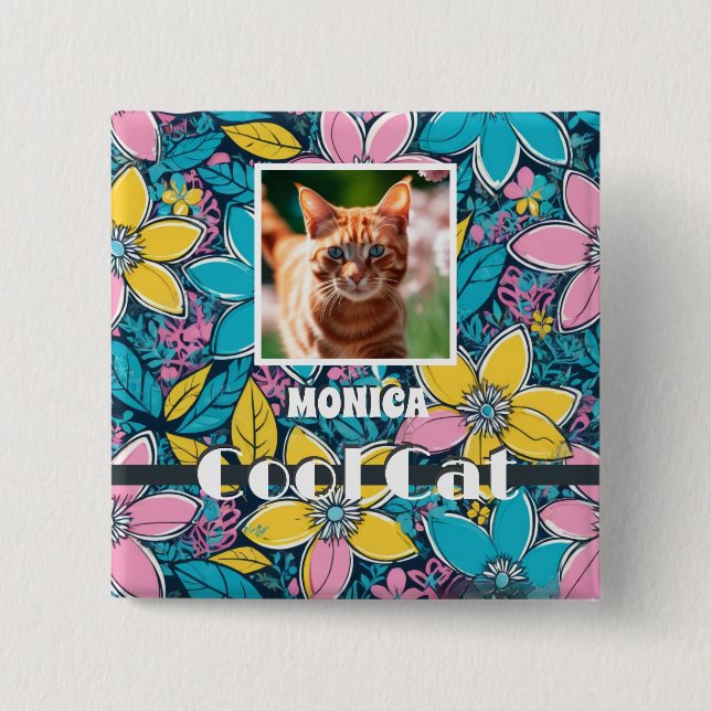 Hippie Retro Floral Groovy Cool Cat Custom Photo Button (Front)