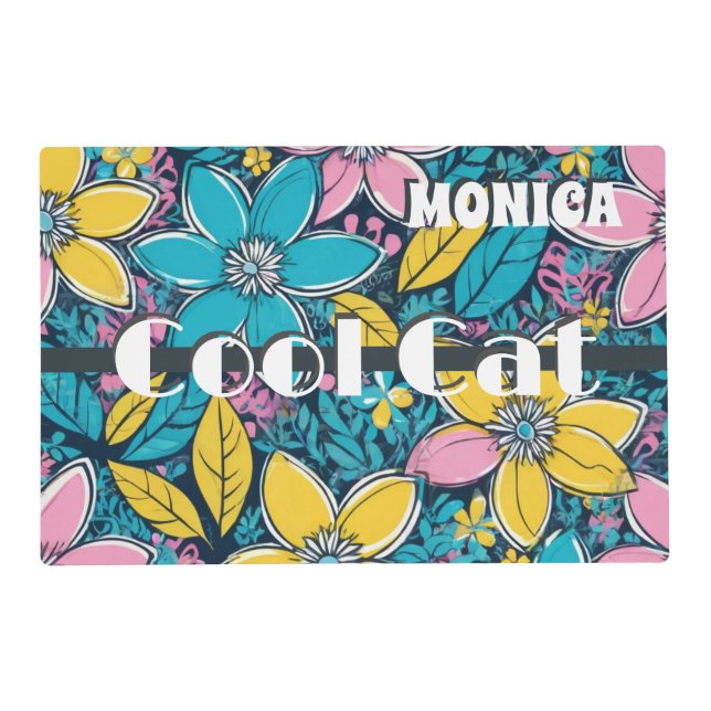 Hippie Retro Flowers Groovy Bright Cool Cat Placemat (Front)