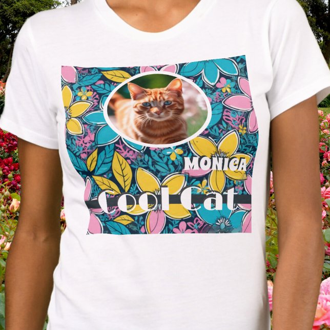 Hippie Retro Flowers Groovy Cool Pet Photo Cat T-Shirt (A groovy floral t-shirt to celebrate your Cool Cat, with photo of your pet and their name)