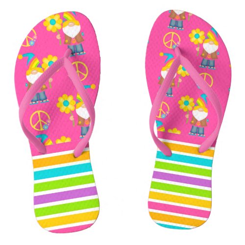 Hippie Retro Gnome With Colorful Stripes Flip Flops