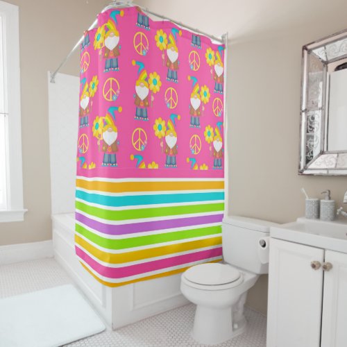 Hippie Retro Gnome With Colorful Stripes Shower Curtain