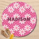 Hippie Retro Groovy Pink Daisy Flowers Custom Name Beach Towel<br><div class="desc">Hippie Retro Groovy Pink Daisy Flowers Custom Name Beach Towels features a pink and purple groovy retro checkerboard and daisy flower pattern with your personalized name in the center. Perfect gift for her for Christmas, birthday, Mother's Day and more whether girlfriend, sister, mother or friends. Created by ©2024 Evco Studio...</div>