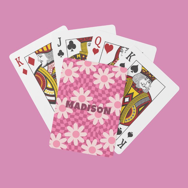 Hippie Retro Groovy Pink Daisy Flowers Custom Name Poker Cards (Creator Uploaded)