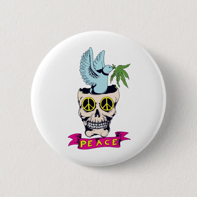 hippie retro peace skull vector art pinback button (Front)