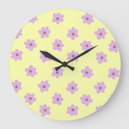 Hippie Retro Purple Yellow Flower Y2K Pattern Large Clock