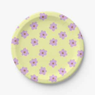 Hippie Retro Purple Yellow Flower Y2K Pattern Paper Plates