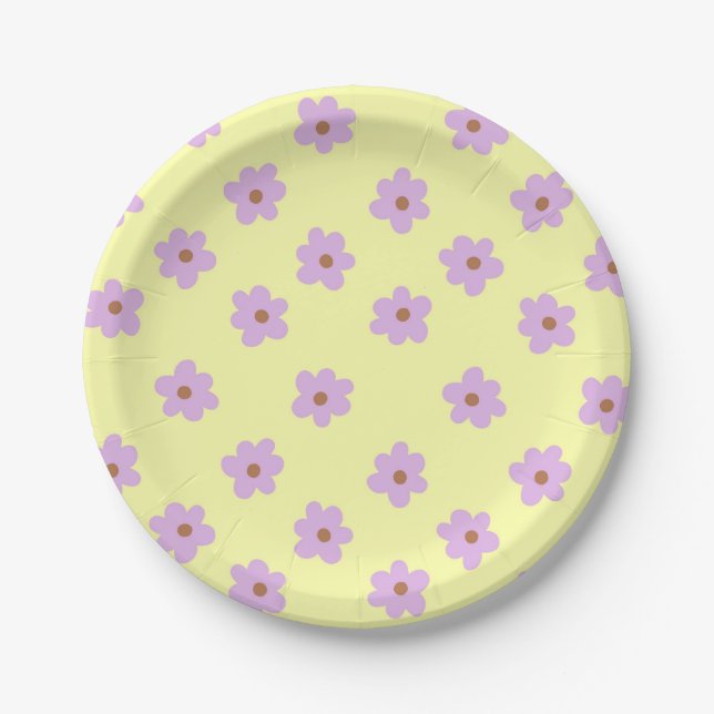Hippie Retro Purple Yellow Flower Y2K Pattern Paper Plates (Front)